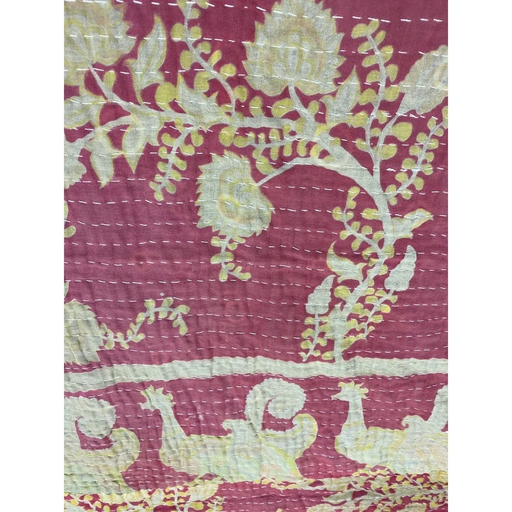 Handstitched Kantha Quilt Reversible Cotton Throw Peacock Paisley Burgundy Red